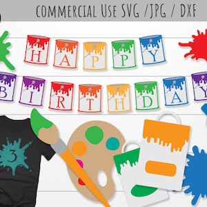 Paquete de cumpleaños svg, pintura cumpleaños tema svg paquete, cubo de pintura svg, pincel de pintura svg, bolsa de regalos, topper de pastel, tubo de pintura svg, banner