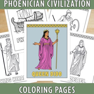 May include: Coloring pages featuring illustrations of the Phoenician civilization. The pages include images of Queen Dido, King Hira, and other figures, along with a ship. The text "Phoenician Civilization" and "Coloring Pages" are visible.