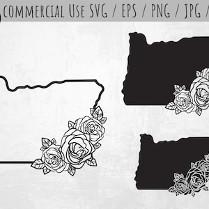 Könnte beinhalten: Schwarz-weiße Umrisse des Bundesstaates Oregon mit einem floralen Design aus Rosen in der Ecke.  KOMMERZIELLE NUTZUNG SVG / EPS / PNG / JPG / DXF