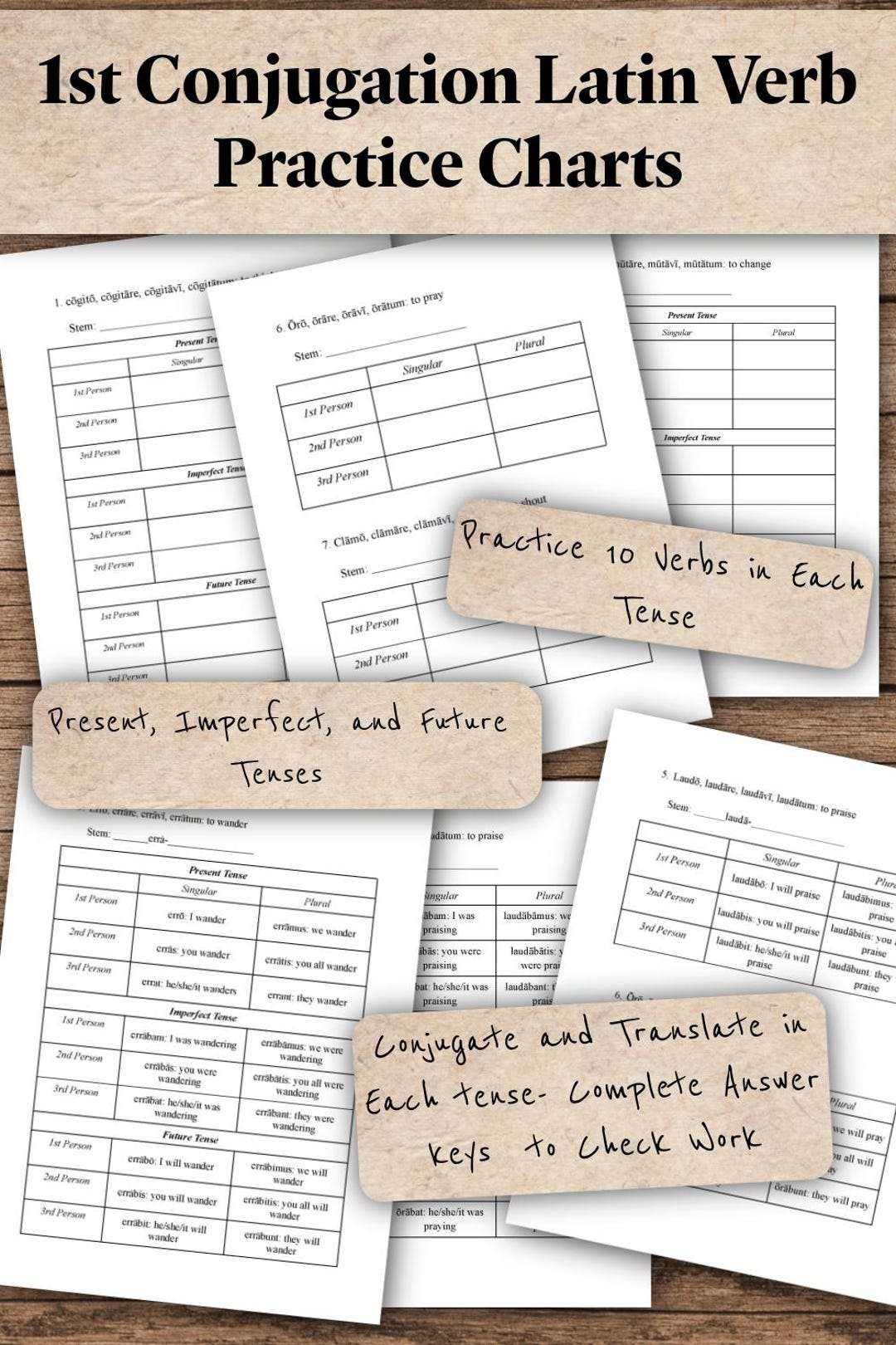 Latin 1st Conjugation Verb Blank Practice Charts | Present Imperfect ...