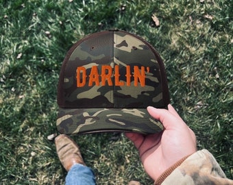 Darlin Embroidered Trucker Hat Orange, Camo