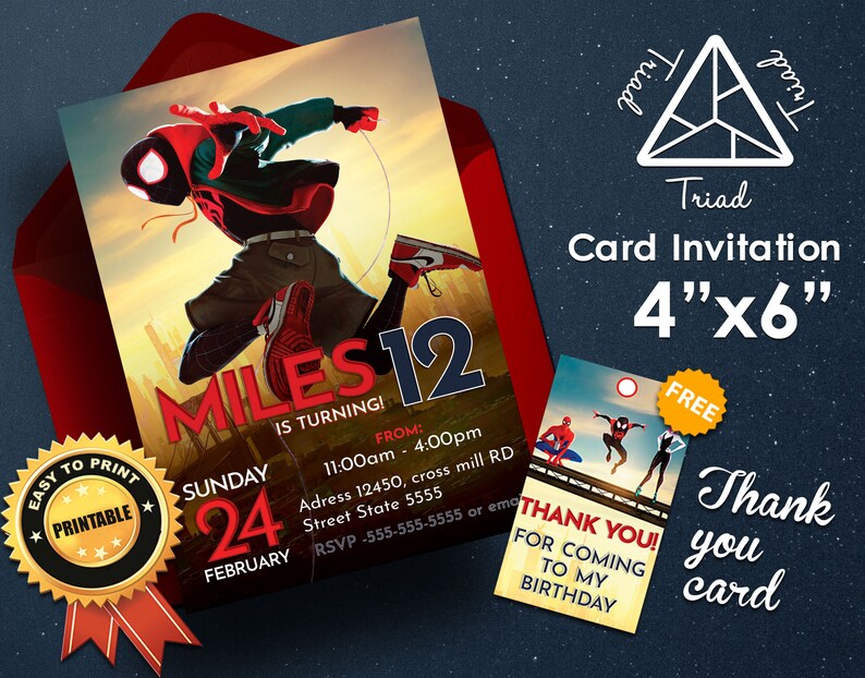 Spider-Man Birthday Invitation, Into the Spiderverse, Miles Morales, Spider-man, Marvel Invitation, Printable Invitatio, Digital, You Print image 1