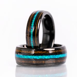 His and Her Ring Set, Black Wedding Band Set, Opal Inlay Wedding Rings Tungsten Carbide, Ring Set with Sone Inlay, Wood Ring set for Couple