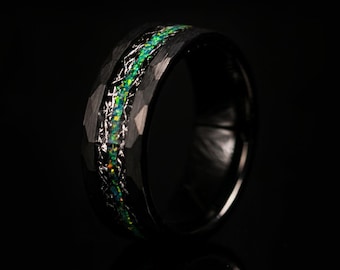Meteorite Inlay Ring, Black Hammered Wedding Band, Galaxy Opal Ring, Wedding Band with Opal inlay, Mens Wedding Band, Black Tungsten Ring