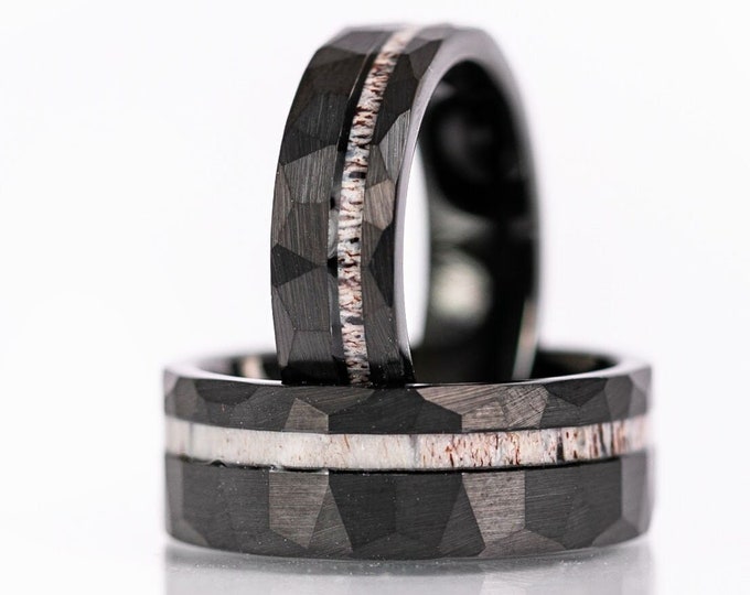 Black Tungsten Ring, Black Wedding Band for Men, Antler Ring, Hammered Ring, Deer Antler Ring Tungsten, Unique Mens Wedding Band