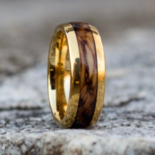 Gold Wedding Band, Mens Gold Wedding Band, Wood Wedding Ring, Whiskey Barrel Ring, Gold Tungsten Ring for Men, Wooden Jewelry