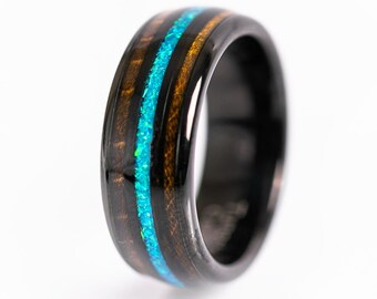 Womens Opal Ring with wood Inlay, Tungsten Carbide Ring, Black Wedding Band Wood Ring, Womens Opal Jewelry, Wooden Wedding Band, Opal Ring