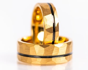 Gold Wedding Band for Men, Tungsten Ring Gold Plated Wedding Ring, Hammered Ring, Gold Hammered Wedding Band, Mens Ring, Tungsten Band Gold