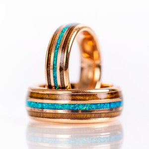 Rose Gold Tungsten Wedding Ring, Rose Gold Opal Ring for Men Women, Engagement Band with Opal Inlay, Gold Wedding Bands, Handmade Jewelry
