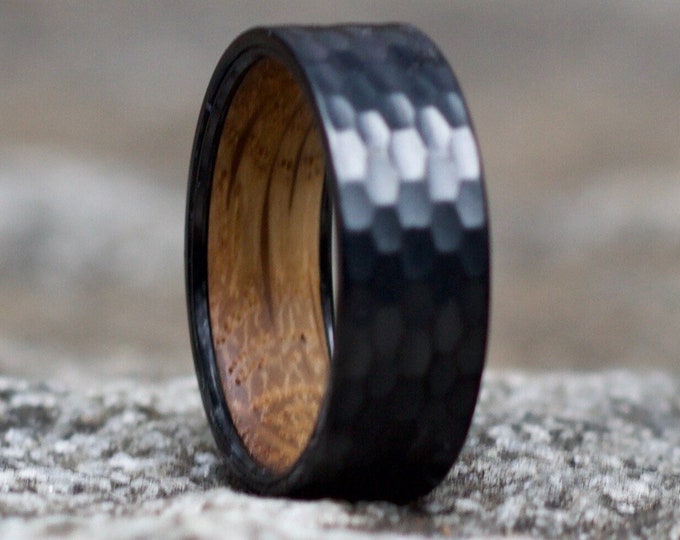 Black Hammered wedding Ring with charred whiskey barrel, Wood Ring, Black wood ring, Whiskey barrel ring, Mens Wedding Band, Titanium Ring