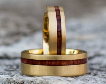 GOLD WEDDING Ring, 18K Yellow Gold Wedding Band, Men's Engagement Ring, Wood Inlay Gold Ring, Gold Tungsten Ring, Men's Wedding Band Gold