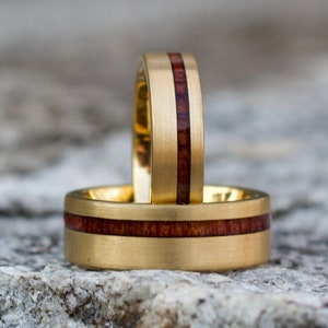 GOLD WEDDING Ring, 18K Yellow Gold Wedding Band, Men's Engagement Ring, Wood Inlay Gold Ring, Gold Tungsten Ring, Men's Wedding Band Gold image 1