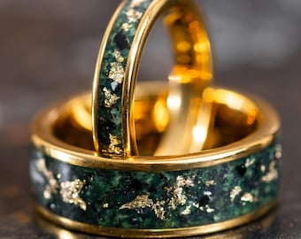 Gold Wedding Band with 24k Gold Flake and Moss Agate Stone, Green Moss Agate Rings for Men Women, His and Her Gold Couples Ring Set