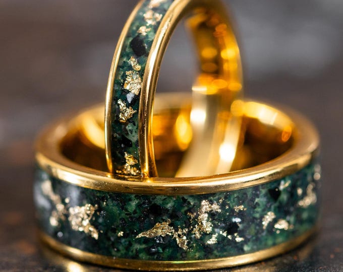 Gold Wedding Band with 24k Gold Flake and Moss Agate Stone, Green Moss Agate Rings for Men Women, His and Her Gold Couples Ring Set