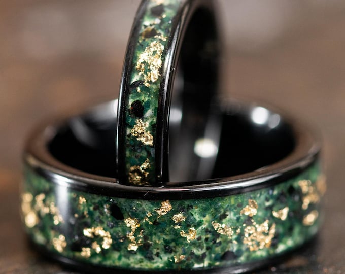 Black Wedding Ring with 24k Gold Flake and Moss Agate Stone, Green Moss Agate Rings for Men Women, His and Her Gold Couples Ring Set, Black