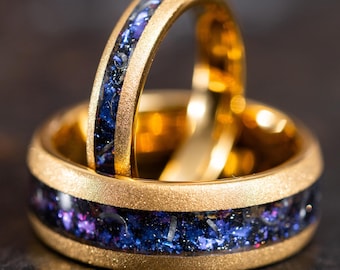 Gold Wedding Band with Meteorite Inlay, Gold Wedding Ring for Men Women with Meteorite, Brushed Gold Tungsten Ring, Unique Wedding Band