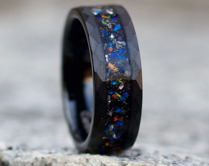 Galaxy Opal and Meteorite Inlay Wedding Band, Black Hammered Wedding Band with Opal and Meteorite, Mens Black Wedding Ring with Stone