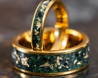 Gold Wedding Band with 24k Gold Flake and Moss Agate Stone, Green Moss Agate Rings for Men Women, His and Her Gold Couples Ring Set