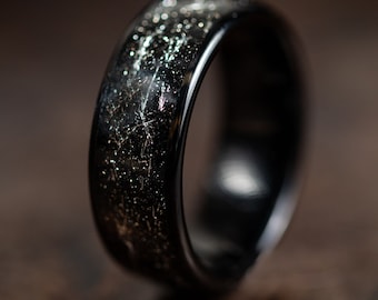 Black Wedding Band with Meteorite Inlay, Gold Wedding Ring for Men Women with Meteorite, Black Gold Tungsten Ring, Unique Wedding Band