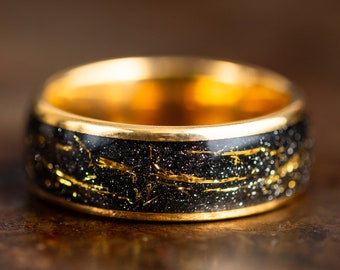 Gold Wedding Band with Meteorite Inlay, Gold Wedding Ring for Men Women with Meteorite, Polished Gold Tungsten Ring, Unique Wedding Band