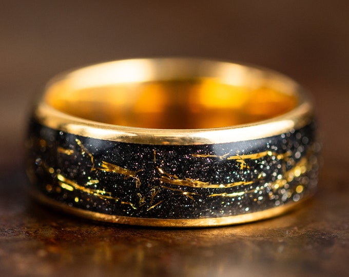 Gold Wedding Band with Meteorite Inlay, Gold Wedding Ring for Men Women with Meteorite, Polished Gold Tungsten Ring, Unique Wedding Band