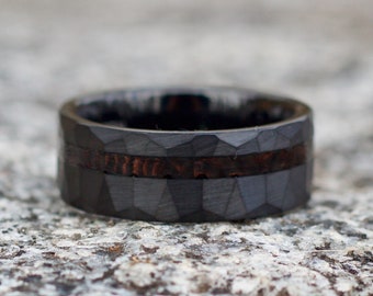 Black Wedding Band for Men with Wood, Hammered Black Engagement Ring, Handmade Ring with Wood Inlay