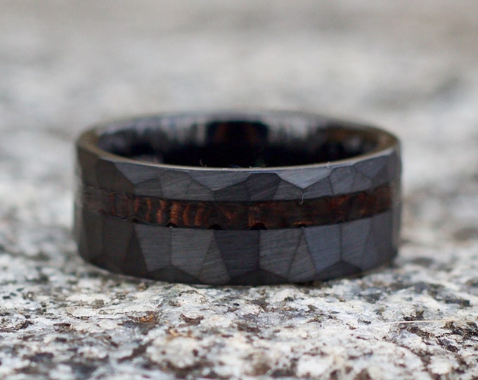 Black Wedding Band for Men with Wood, Hammered Black Engagement Ring, Handmade Ring with Wood Inlay