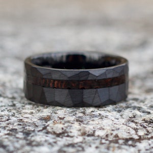 Black Wedding Band for Men with Wood, Hammered Black Engagement Ring, Handmade Ring with Wood Inlay