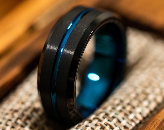 Thin Blue Line Black Tungsten Ring, Black Blue Wedding Band, Law Enforcement Police Officer Ring, Black Wedding Band with Blue Line