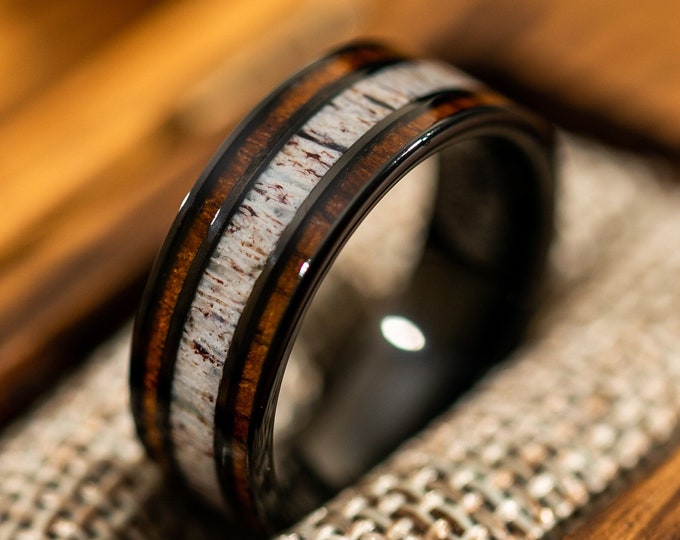 Antler Wedding Band, Wood Wedding Band, Wooden Ring, Whiskey Barrel Ring, Mens Wedding Band, Black Wedding Band with Wood for Men