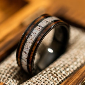 Antler Wedding Band, Wood Wedding Band, Wooden Ring, Whiskey Barrel Ring, Mens Wedding Band, Black Wedding Band with Wood for Men