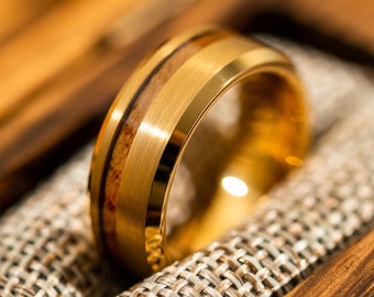 Gold Wood Wedding Band for Men, 18k Gold Wedding Engagement Ring, Wood Wedding Band, Gold Ring for Men, Wood Ring, Handmade Unique Jewelry