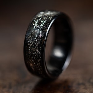 Black Wedding Band with Meteorite Inlay, Gold Wedding Ring for Men Women with Meteorite, Black Gold Tungsten Ring, Unique Wedding Band