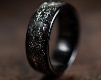 Black Wedding Band with Meteorite Inlay, Gold Wedding Ring for Men Women with Meteorite, Black Gold Tungsten Ring, Unique Wedding Band