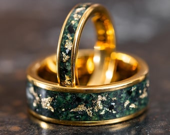 Gold Wedding Band with 24k Gold Flake and Moss Agate Stone, Green Moss Agate Rings for Men Women, His and Her Gold Couples Ring Set