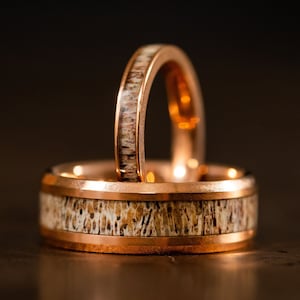 Rose Gold His and Hers Wedding Band Set, Rose Gold Deer Antler Ring Set, Rose Gold Tungsten Engagement Band, Couples Rings, Rose Gold Rings