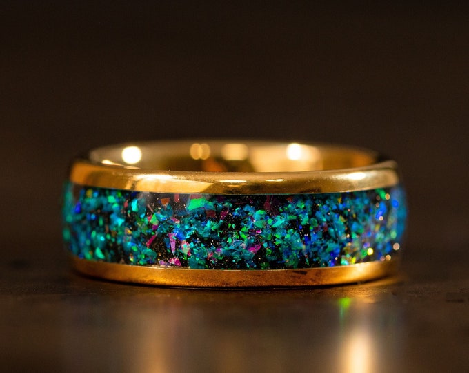 Gold Wedding Band for Men Women with Galaxy Opal Inlay, Gemstone Ring, Gold Wedding Ring with Multi colored Opal Stones, Nebula Ring