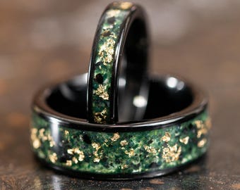 Black Wedding Ring with 24k Gold Flake and Moss Agate Stone, Green Moss Agate Rings for Men Women, His and Her Gold Couples Ring Set, Black