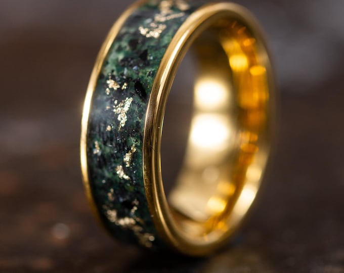 Gold Wedding Band with 24k Gold Flake and Moss Agate Stone, Gold Wedding Ring for Men Women, 4mm 8mm Couples Gold Black Rings, Moss Agate