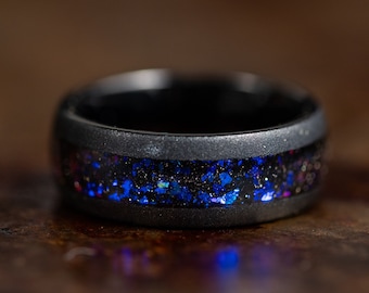 Black Sandblasted Nebula Wedding Band with Opal Galaxy Inlay, Black Wedding Band for Men or Women, Opal Wedding Ring, Black and Blue Ring