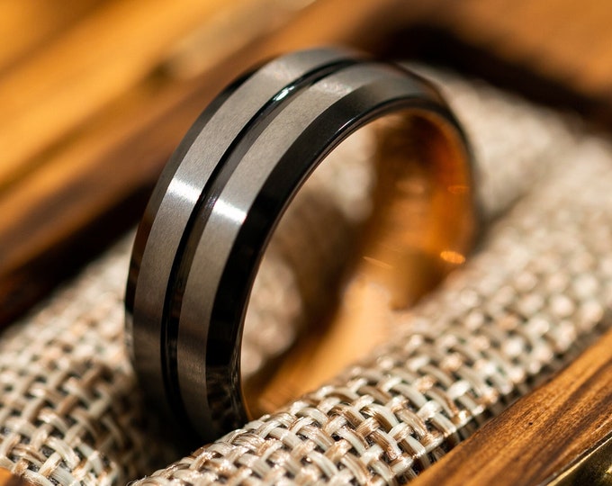24k Rose Gold and Silver Wedding Band for Men, Engagement Ring Silver Black and Rose Gold, Unique Mens Wedding Band, Tungsten Ring