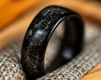Black Wedding Band with Meteorite Inlay, Gold Wedding Ring for Men Women with Meteorite, Black Gold Tungsten Ring, Unique Wedding Band