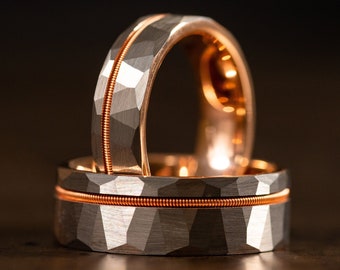 Silver and Rose Gold Wedding Band with Guitar String Inlay, Hammered Silver Ring with Rose Gold Inlay, Handmade Ring, Guitar Jewelry