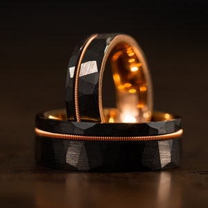 Guitar String Ring, Black Tungsten Wedding Band with Guitar String, Musician Handmade Jewelry, Black Ring for Guitar Players, Rose Gold Ring