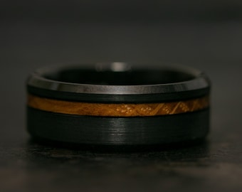 Black Wood Wedding Band for Men, Black Wedding Engagement Ring, Wood Wedding Band, 6mm 8mm Black Ring with Offset Wood Inlay