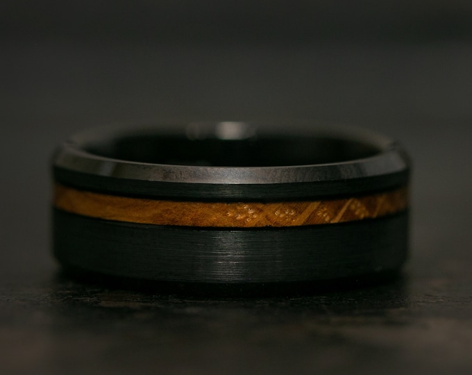 Black Wood Wedding Band for Men, Black Wedding Engagement Ring, Wood Wedding Band, 6mm 8mm Black Ring with Offset Wood Inlay