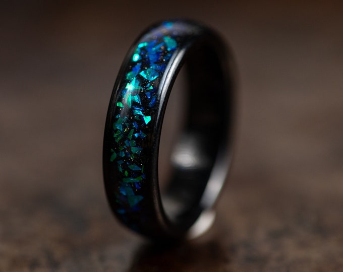 Black Nebula Wedding Band with Opal Galaxy Inlay, Galaxy Opal Ring for Women Men, Black Wedding Rings for Men Women Opal Inlay