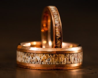 Rose Gold wedding Rings with Antler, Antler Ring, Rose Gold wood ring, Antler Band, Mens Wedding Band, Wedding Band set his and hers