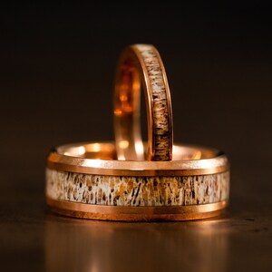 Rose Gold wedding Rings with Antler, Antler Ring, Rose Gold wood ring, Antler Band, Mens Wedding Band, Wedding Band set his and hers image 1