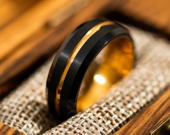 Black and Gold Wedding Band for Men, 24k Gold Tungsten Engagement Ring, Black Ring for Men with Gold Trim, Gold and Black Ring